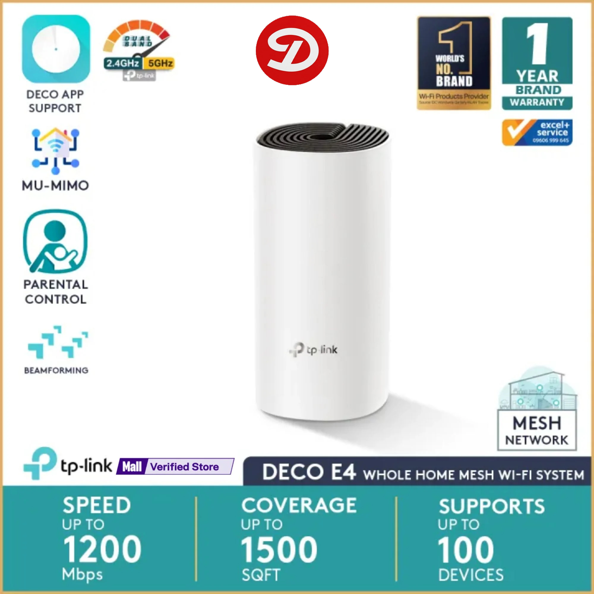 TP-Link Deco E4 AC1200 Whole Home Mesh Wi-Fi System (1-Pack)